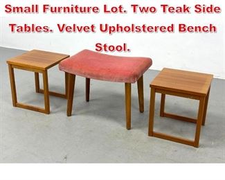 Lot 496 3pc Danish Teak Modern Small Furniture Lot. Two Teak Side Tables. Velvet Upholstered Bench Stool. 