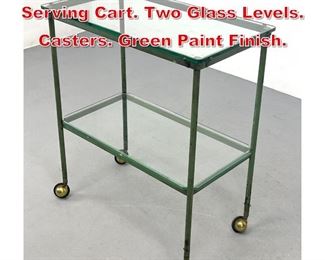 Lot 499 Industrial Metal Rolling Serving Cart. Two Glass Levels. Casters. Green Paint Finish. 