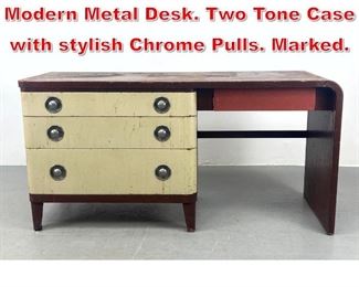 Lot 515 SIMMONS Mid Century Modern Metal Desk. Two Tone Case with stylish Chrome Pulls. Marked. 