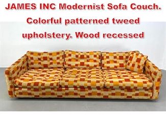 Lot 538 MILO BAUGHMAN for JAMES INC Modernist Sofa Couch. Colorful patterned tweed upholstery. Wood recessed