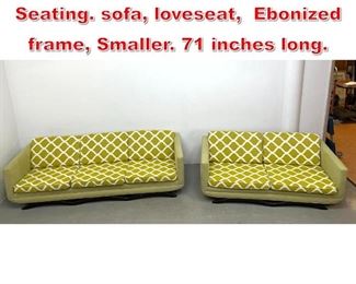 Lot 539 2pc mid century style Seating. sofa, loveseat, Ebonized frame, Smaller. 71 inches long. 
