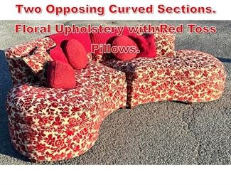 Lot 550 2pc Sectional Sofa Couch. Two Opposing Curved Sections. Floral Upholstery with Red Toss Pillows. 