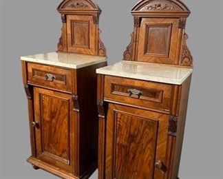 $1040, Late 19th Century Antique Victorian Nightstand Pair With Marble Tops