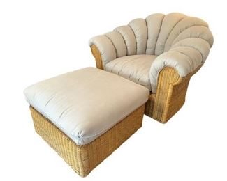 $450 (3 available) 1970s Vintage Mid-Century Modern Cane Scallop Arm Chair and Ottoman