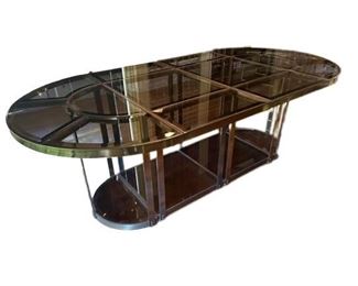 $3470, 1970s Mid Century Modern Brass, Metal and Smoked Glass Sectional Dining Table, 87 x 48 x 28