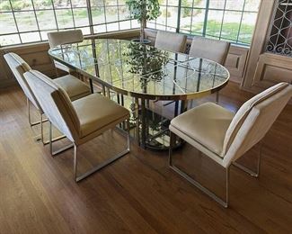 $6200, 1970s Mid Century Modern Brass, Metal and Smoked Glass Sectional Dining Table