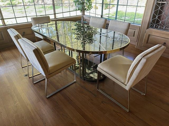 $3470, 1970s Mid Century Modern Brass, Metal and Smoked Glass Sectional Dining Table, 87 x 48 x 28