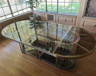 $3470, 1970s Mid Century Modern Brass, Metal and Smoked Glass Sectional Dining Table, 87 x 48 x 28