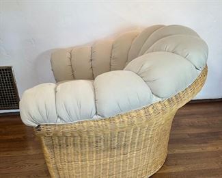 $450  (3 available) 1970s Vintage Mid-Century Modern Cane Scallop Arm Chair and Ottoman