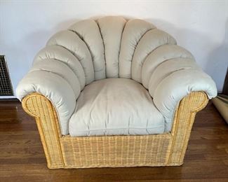 $450  (3 available) 1970s Vintage Mid-Century Modern Cane Scallop Arm Chair and Ottoman