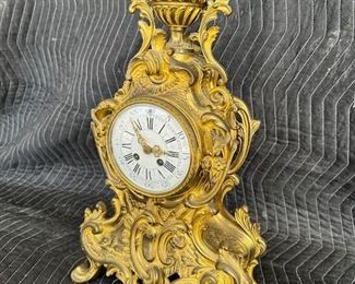 $1200, 19th Century French Gilded Mantle Clock and Candelabras