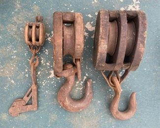Antique Double Single Pulley Blocks With Hooks