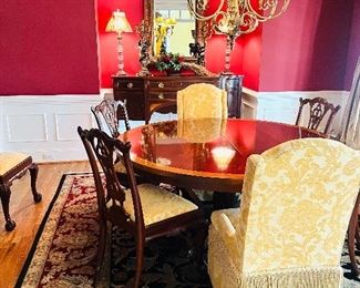 Maitland Smith medallion round dining table with leaf, and six polished mahogany Philadelphia side chairs
68” round
24” w x 68”L leaf