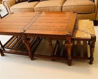 Farmhouse coffee table with rush seat benches