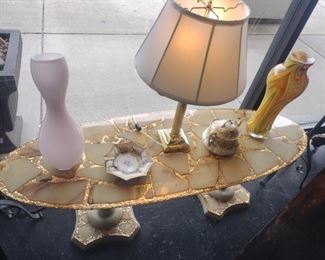 Arturo Pani abalone and onyx Hollywood regency mcm table with art glass etc