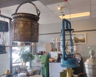 Dietz lanterns and copper pot