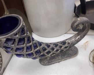 ornate hand blown cobalt incased in metal decorative horn