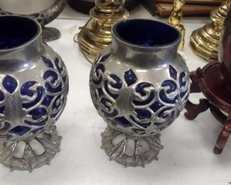ornate hand blown cobalt blue glass in metal decorative vases