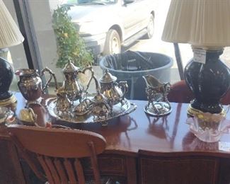 Ethan Allen lamps, silver plate etc