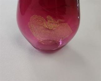 cranberry art glass with gold leaf vase