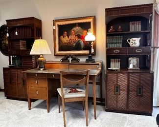 DREXEL MID CENTURY DESIGN DESK AND CHAIR  AND A PAIR OF CAMPAIGN STYLE BOOKSHELF UNITS