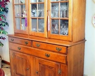 Mid Century Heywood Wakefield 2 Piece Lighted China Cabinet With Glass Doors, 73.25" x 54" x 19"