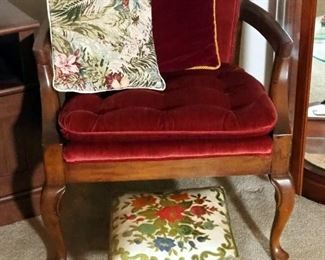 English Style Wood Framed Button Tufted Armchairs with Cabriole Legs, And Brass Legged Floral Patterned Foot Stools With Qty 2 Pair