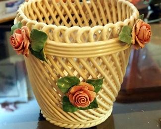 Imitation Flower Arrangements In Cloche 11" Tall And Ceramic Basket 6.5" Tall