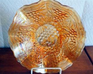 Fenton Footed Candy Dish, Marigold Carnival Glass Dish, Rainbow Glass Bell, Fenton Carnival Glass Peacock Bell