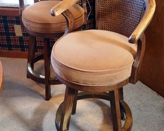 Wood Upholstered Swivel Stools With Cane Back, 35" Tall, Seat Height 25" Tall, Qty 2