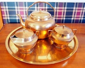 Vintage South Korean Brass Teapot, Sugar, Creamer, Platter, Salsbury Thermometer, And More