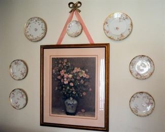 Framed Matted Under Glass Windsor Art Marcel Dyf Roses, 28" x 24", Includes Brass Hanger And Theodore Haviland China Plates, Qty 7