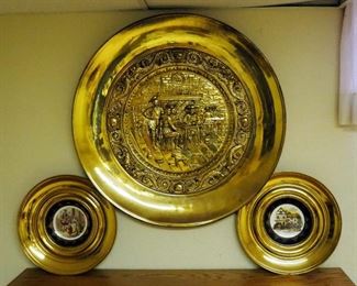 Brass Toned Wall Mount Bowl Depicting Colonial Figures Playing Chess, 34.5" Diameter, And Regency Prize Of London China And Old House York Bowls
