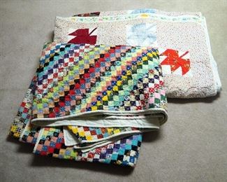 Hand Sewn Patch Quilt Bed Runner, 80" x 29" And Machine Sewn Patch Quilts, Qty 2 And Tied Quilt