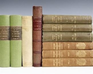 Ten 19th and early 20th century books.  Includes Prescott, William "The History and Reign of Ferdinand and Isabella" (Vol I - III) 1842; Stirling, William "Annals of the Artists of Spain" (Vol I - III) 1848; Lescure, M. de "Correspondance Complete de la Marquise du Deffand" (Vol I - II) 1865; Fuentes, Manuel "Lima, Equis ses Historiques, Statistiques, Administratives, Commerciales et Morales" 1866; and Burghclere, Winifred "George Villiers Second Duke of Buckingham..." 1903.  Leather and clothbound, all 8vo.  Some wear and losses, pages with toning and foxing.  ESTIMATE $40-60