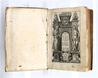 Mathieu, Pierre.  "Histoire de France - des choses memorables advenues au Provinces Estrangeres du: vant sept annes de Paix" Volumes I & II.  Paris; Pierre Metayer & Mathieu Guillemot, MDCXIII (1613).  Vellum bound with raised bands, 12mo (7" high).  Some wear, losses and distortion, pages with significant toning, some foxing and insect damage, book plates.  ESTIMATE $40-60