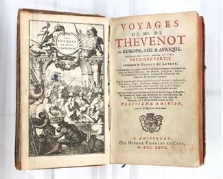 Thevenot, Jean de.  "Voyages de Mr. de Thevenot" Third Edition.  Includes "Europe, Asie & Afrique" Vol I, "Ou Egypte" Vol II, "Au Levant" Vol III & IV, and "Aux Indes Orientales" Vol V.  Amsterdam; Michel Charles le Cene, MDCCXXVII (1727).  Full speckled calf with raised bands and painted edges, 16mo (6 1/2" high).  Wear and losses, some splitting at spines, pages with toning and minor foxing, book plates.  ESTIMATE $100-200