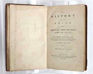 Watson, Robert.  "The History of the Reign of Philip the Second, King of Spain" Volumes I - III, Third Edition.  London; W. Strahan, T. Cadell, et al, MDCCLXXIX (1779).  Full marbled calf, 8vo (8 1/2" high).  Some wear and damage, splitting at spines, loose pages, toning and foxing.  ESTIMATE $20-40