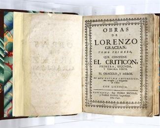Gracian y Morales, Baltasar.  "Obras de Lorenzo" Volumes I & II.  Barcelona; Pedro Escuder & Pablo Nadal, 1748.  Half morocco over marbled boards with raised bands, one with marbled edges, 8vo (8 1/4" high).  Newly rebound with minor wear, some repaired pages, toning and foxing.  ESTIMATE $20-40