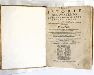 Giovo, Paolo.  "Istorie del suo Tempo di Mons. Paolo Giovio" Volumes I & II.  Translated by Ludovico Domenichi.  Venice; 1581.  Quarter leather with vellum boards, 8vo (8 1/4" high).  Repaired covers, wear and some damage, pages with significant toning and foxing.  ESTIMATE $40-60