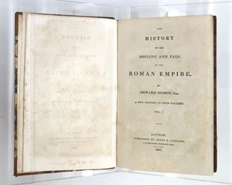 Gibbons, Edward.  "Jones's Series of British Historians, The Decline and Fall of the Roman Empire" Volumes I - IV.  London; Jones & Co., 1825.  Half calf over marbled boards, 8vo (8 1/2" high).  Some wear, minor splitting at spines, pages with some toning and foxing, book plates.  ESTIMATE $40-60