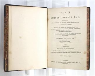 Boswell, James.  "The Life of Samuel Johnson, LL.D." Volumes I - IV, New Illustrated Edition.  London; Office of the National Illustrated Library, 1851.  Half leather over marbled boards with raised bands, 12mo (7 1/2" high).  Some wear and losses, pages with some toning, each with inscriptions.  ESTIMATE $40-60