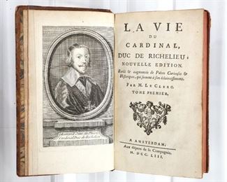 Clerc, Jean le.  "La Vie du Cardinal Duc de Richelieu" Volumes I - V, New Edition.  Amsterdam; MDCCLIII (1753).  Full marbled calf, painted edges, 16mo (6 3/4" high).  Some wear and losses, pages with toning and some foxing, a few small tears, book plates.  ESTIMATE $200-300