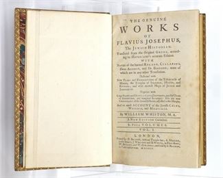 Whiston, William.  "The Genuine Works of Flavius Josephus, The Jewish Historian" Volumes I - IV, New Edition.  London; D. Browne, MDCCLV (1755).  Full paneled calf with raised bands, 8vo (8 1/4" high).  Some wear, one cover detached, pages with toning and minor foxing, some handwritten marks.  ESTIMATE $40-60