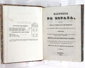 Mariana, Juan de. "Historia de Espana" Volumes 3/4 through 21/22, ten books total.  Madrid; Sociedad de Literatos, 1841.  Quarter leather over marbled boards with painted edges, 8vo (8 1/2" high).  Some wear and minor damage, pages with some toning and minor foxing, handwritten marks.  ESTIMATE $100-150