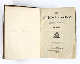 "Los Codigos Espanoles, Concordados y Anotados" Spanish Codes or Laws, Agreed & Annotated, Volumes I - XII.  Second Edition.  Madrid; Julian Pena, 1872.  Full marbled calf with raised bands and sprinkled edges, 4to (11 3/4" high).  Wear, damage and taped repairs, pages with some toning and foxing, book plates.  ESTIMATE 100-150