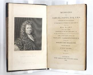 Smith, John.  "Memoirs of Samuel Pepys, ESQ, F.R.S." Volumes I - V, Second Edition.  Comprised of Samuel Pepy's diary from 1659-1669, includes fold out engraved copies of letters, maps, etc.  London; Henry Colburn, 1828.  Half Morocco with raised bands and cloth boards, 8vo (8 3/4" high).  Some wear, pages with toning and minor foxing, a few with small tears.  ESTIMATE $100-200