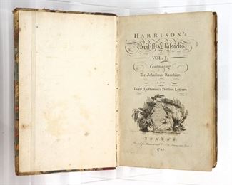 Harrison, James.  "Harrison's British Classicks, Containing Dr. Johnson's Rambler and Lord Lyttelton's Persian Letters" Volumes I - VII.  London; Harrison & Co., 1785.  Quarter leather over marbled boards, 8vo.  Some wear and damage, splitting at bindings, pages with some toning and foxing, inscriptions and book plates.  ESTIMATE $100-150