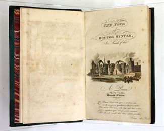 Combe, William.  "Doctor Syntax's Tour" Volumes I - III, Seventh Edition.  Poems illustrated with colored engravings.  London; Rackermann's Repository of Arts, 1817.  Full Morocco with raised bands and gilt edges, 8vo.  Some wear, pages with toning and foxing, book plates.  ESTIMATE $100-150