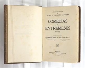Cervantes Saavedra, Miguel de.  "Comedias y Entremeses" Volumes I, III - V.  Madrid; Bernardo Rodriguez, MCMXV (1915).  Full speckled calf with raised bands, 12mo (7 1/4" high).   Some wear, label marks at covers, pages with some toning and foxing, library stamp at page edges.  ESTIMATE $40-60